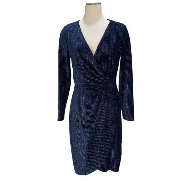 Julia Jordan Navy Glitter Wrap Dress Sz 8 Long Sleeve Sparkle Bodycon Cocktail - Picture 12 of 12
